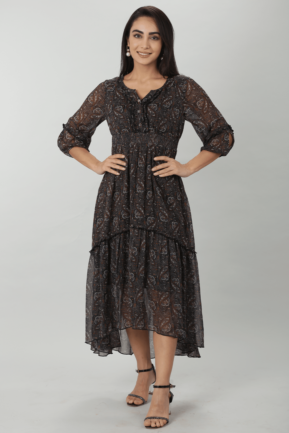 Printed Dark Brown Dress For Women