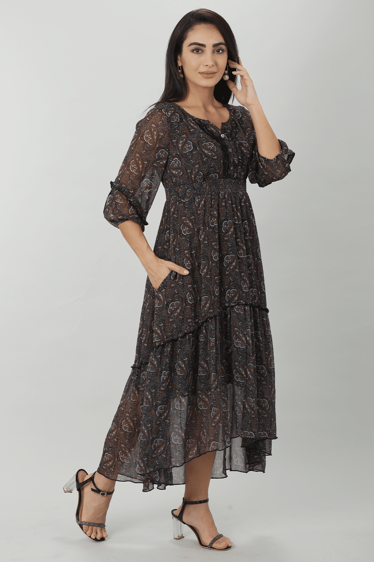 Printed Dark Brown Dress For Women