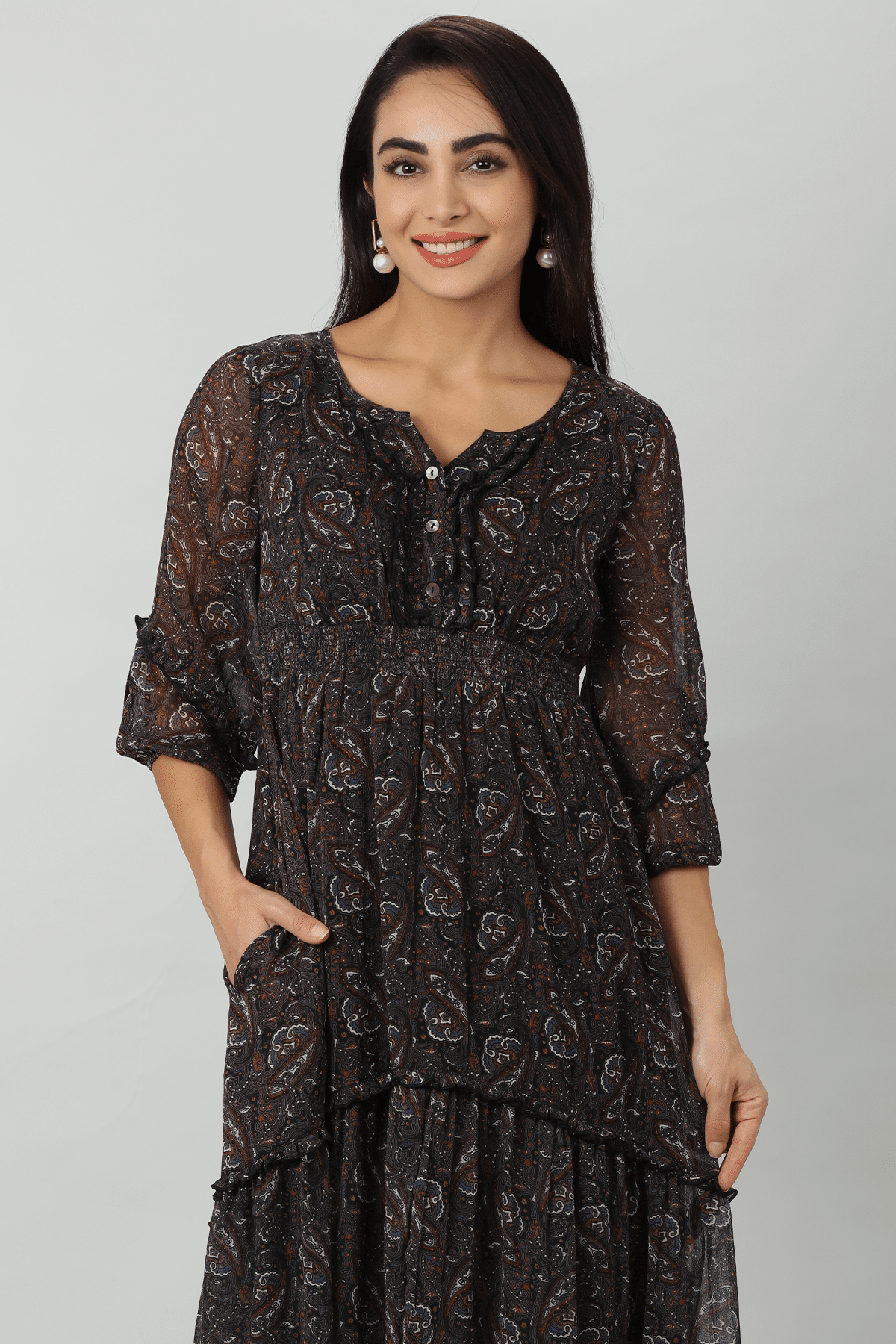 Printed Dark Brown Dress For Women
