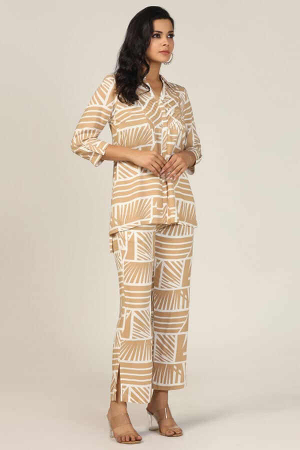 Printed Beige Co Ord Shirts For Woman