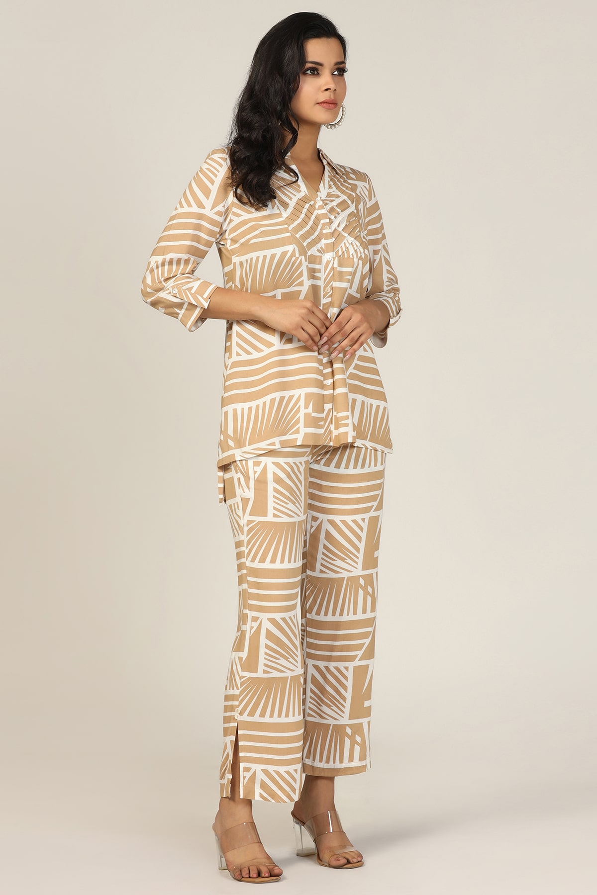 Printed Beige Co Ord Shirts For Woman
