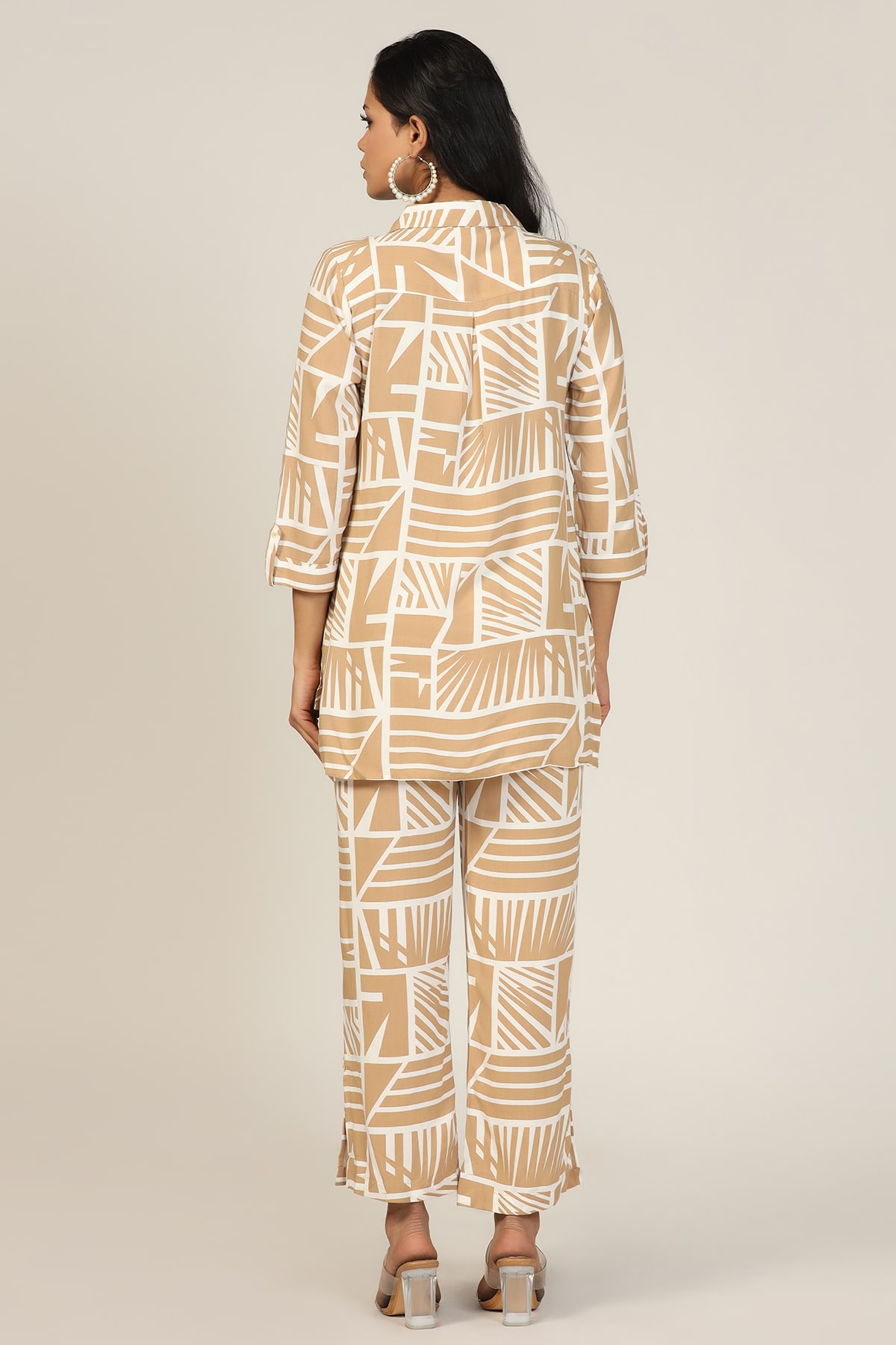 Printed Beige Co Ord Shirts For Woman