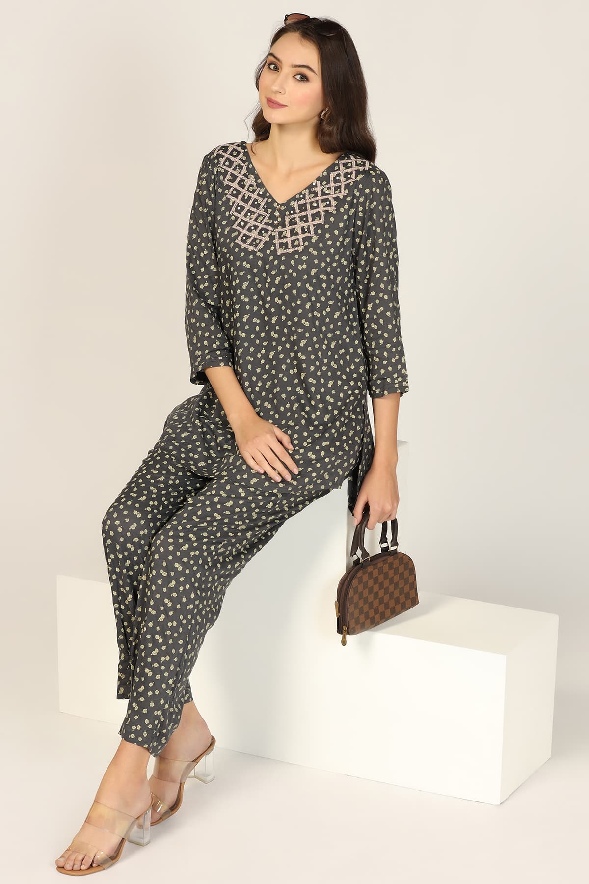 Embroidered Dark Grey Co Ord Top For Women