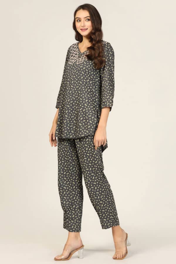 Embroidered Dark Grey Co Ord Top For Women