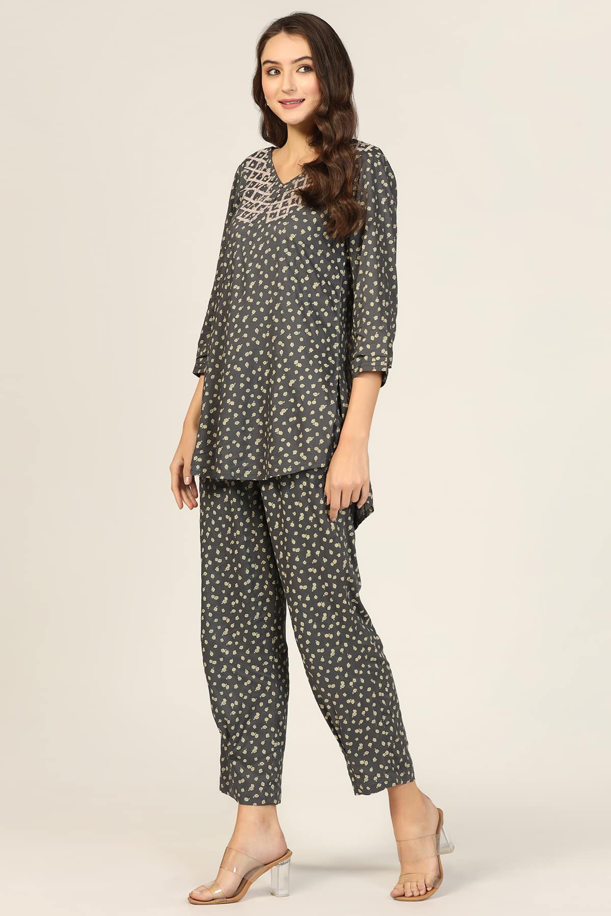 Embroidered Dark Grey Co Ord Top For Women