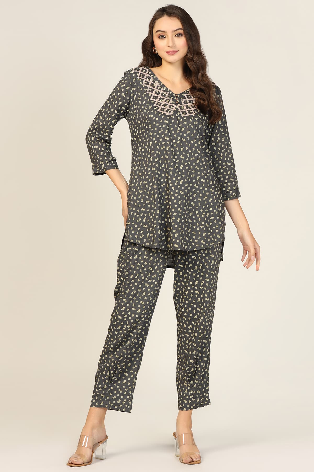 Embroidered Dark Grey Co Ord Top For Women