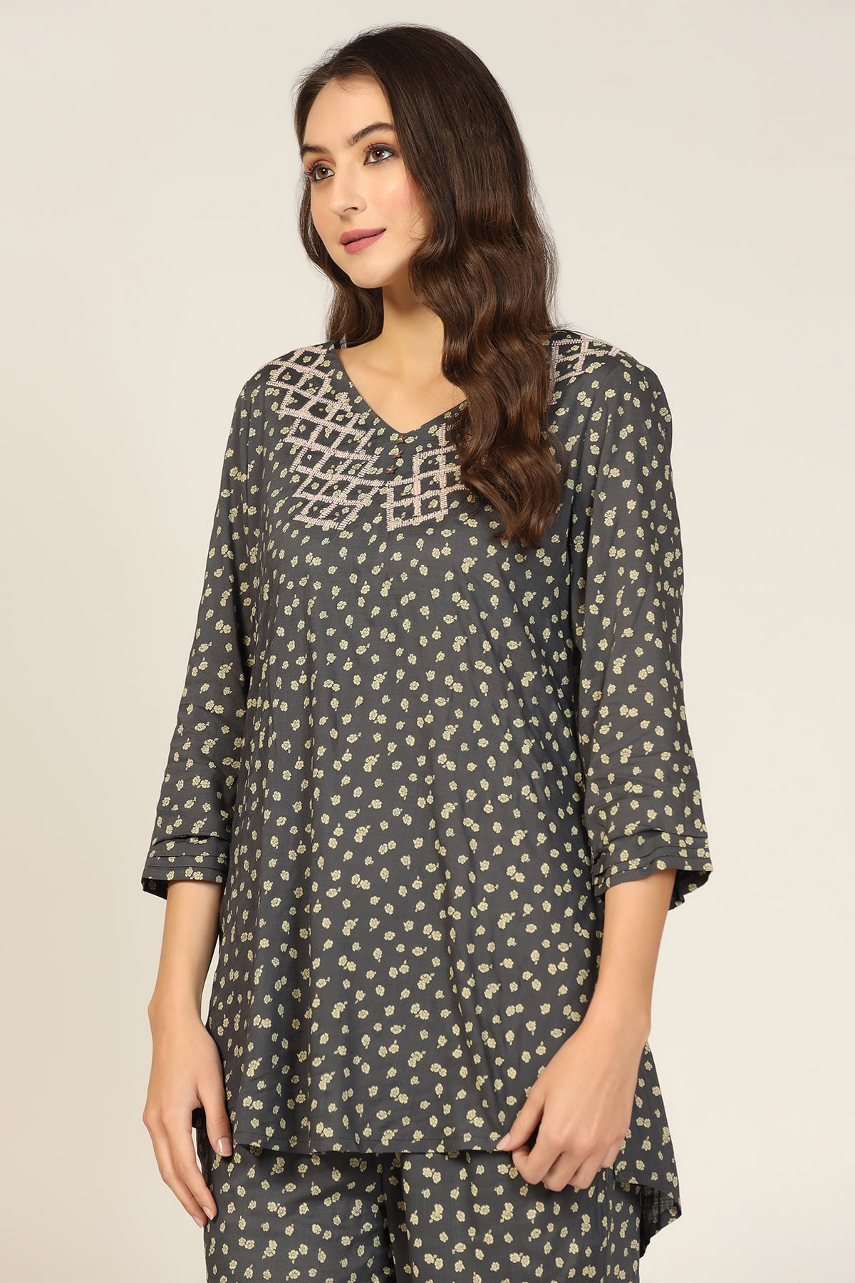 Embroidered Dark Grey Co Ord Top For Women