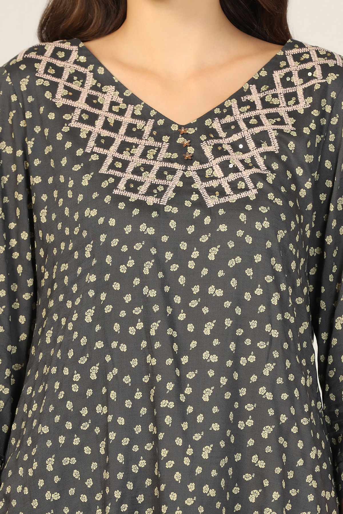Embroidered Dark Grey Co Ord Top For Women