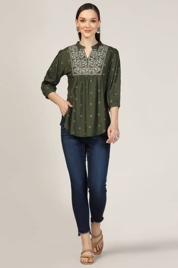 Embroidered Olive Green Top For Women