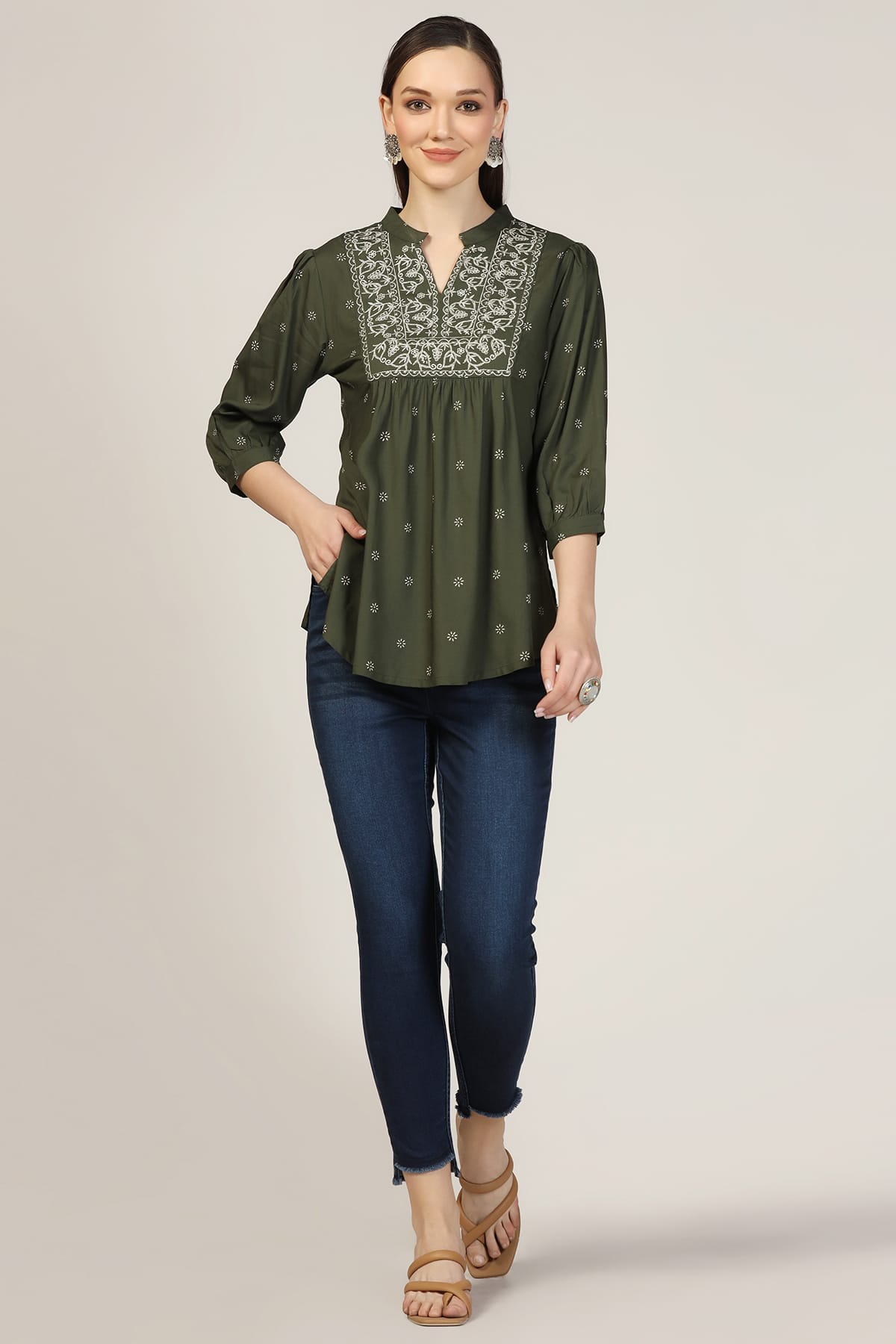 Embroidered Olive Green Top For Women