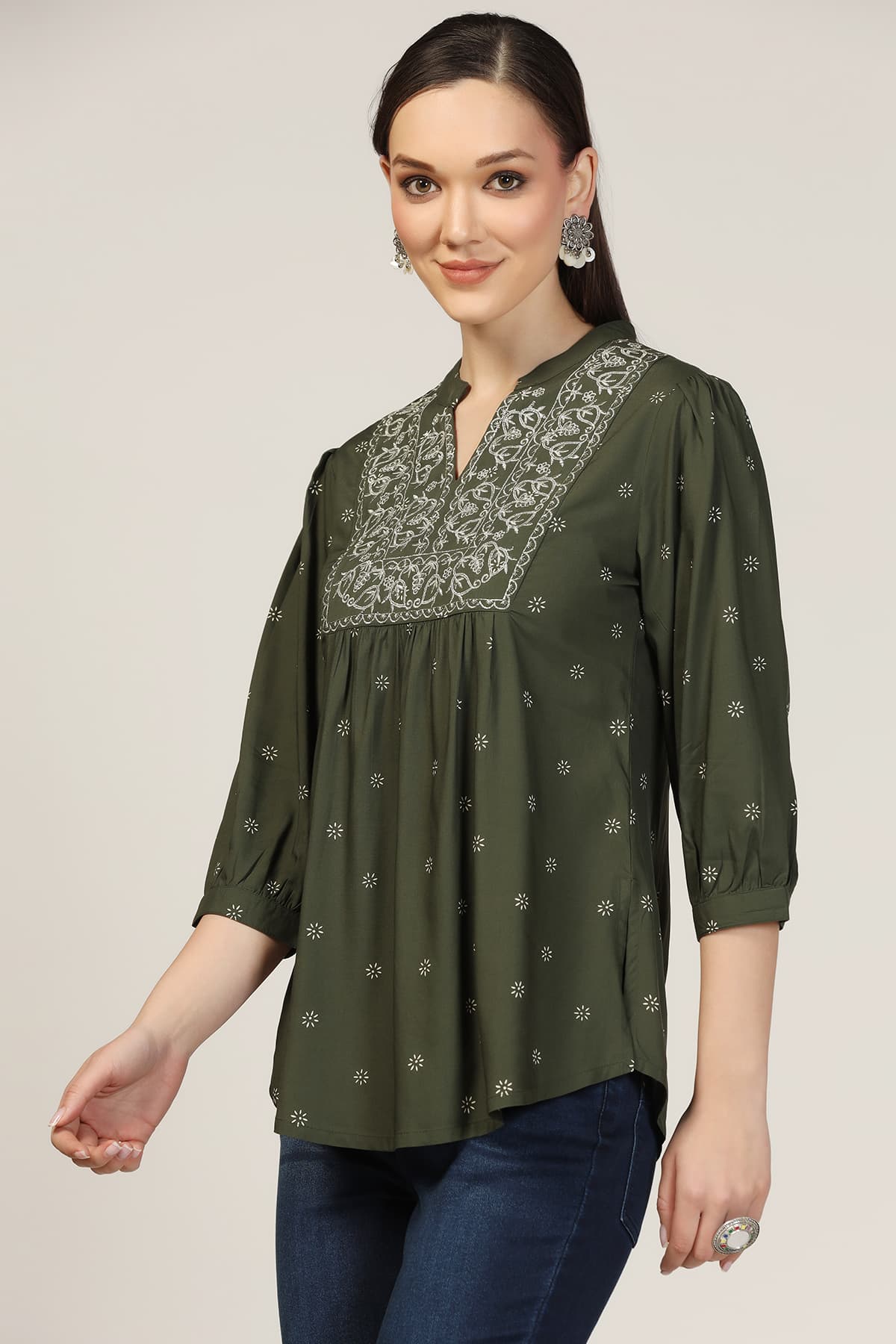 Embroidered Olive Green Top For Women