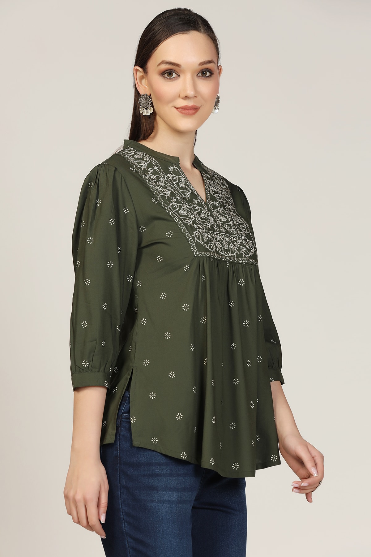 Embroidered Olive Green Top For Women