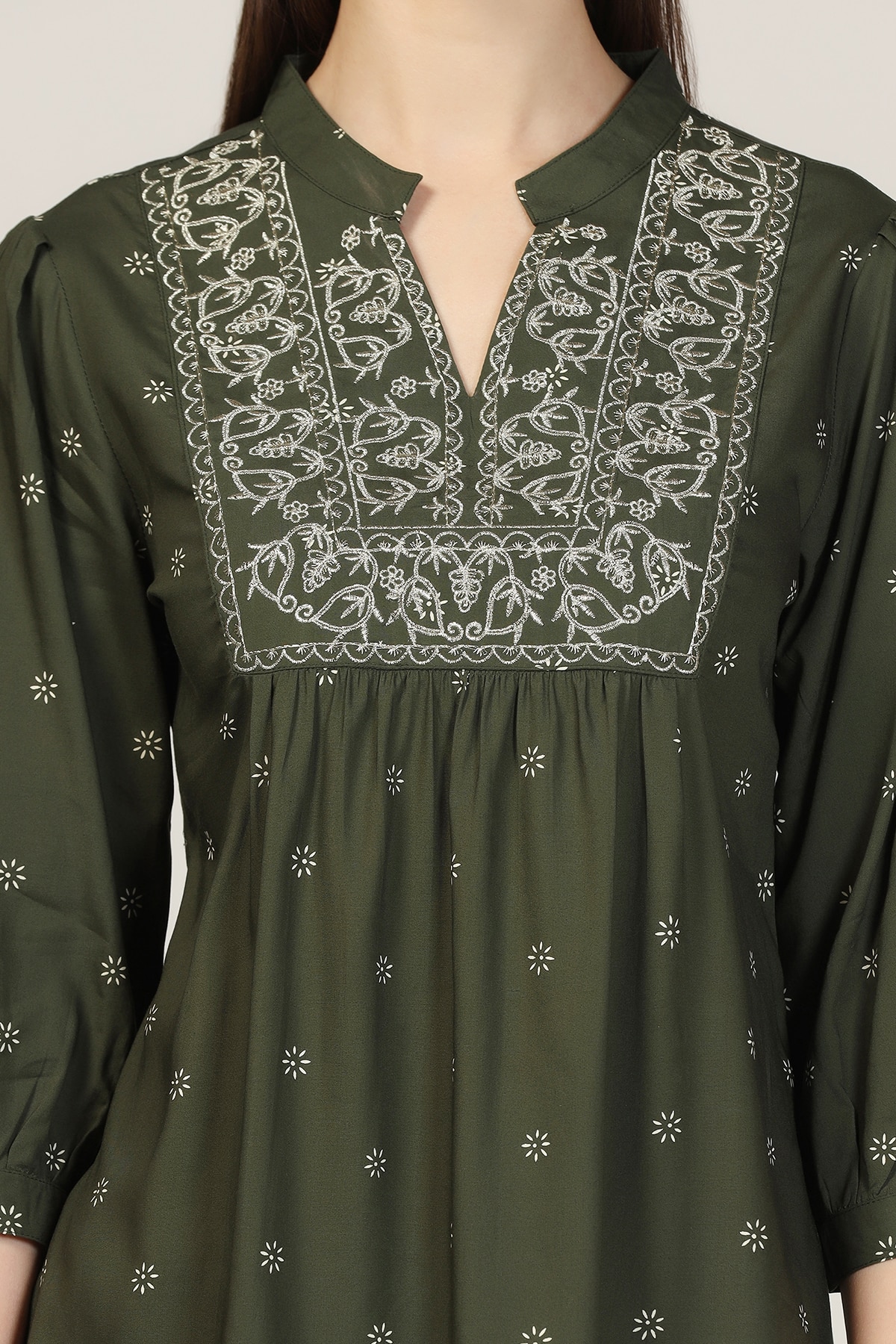 Embroidered Olive Green Top For Women