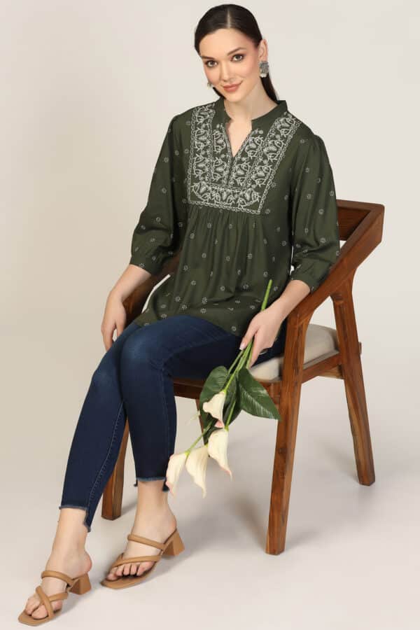 Embroidered Olive Green Top For Women