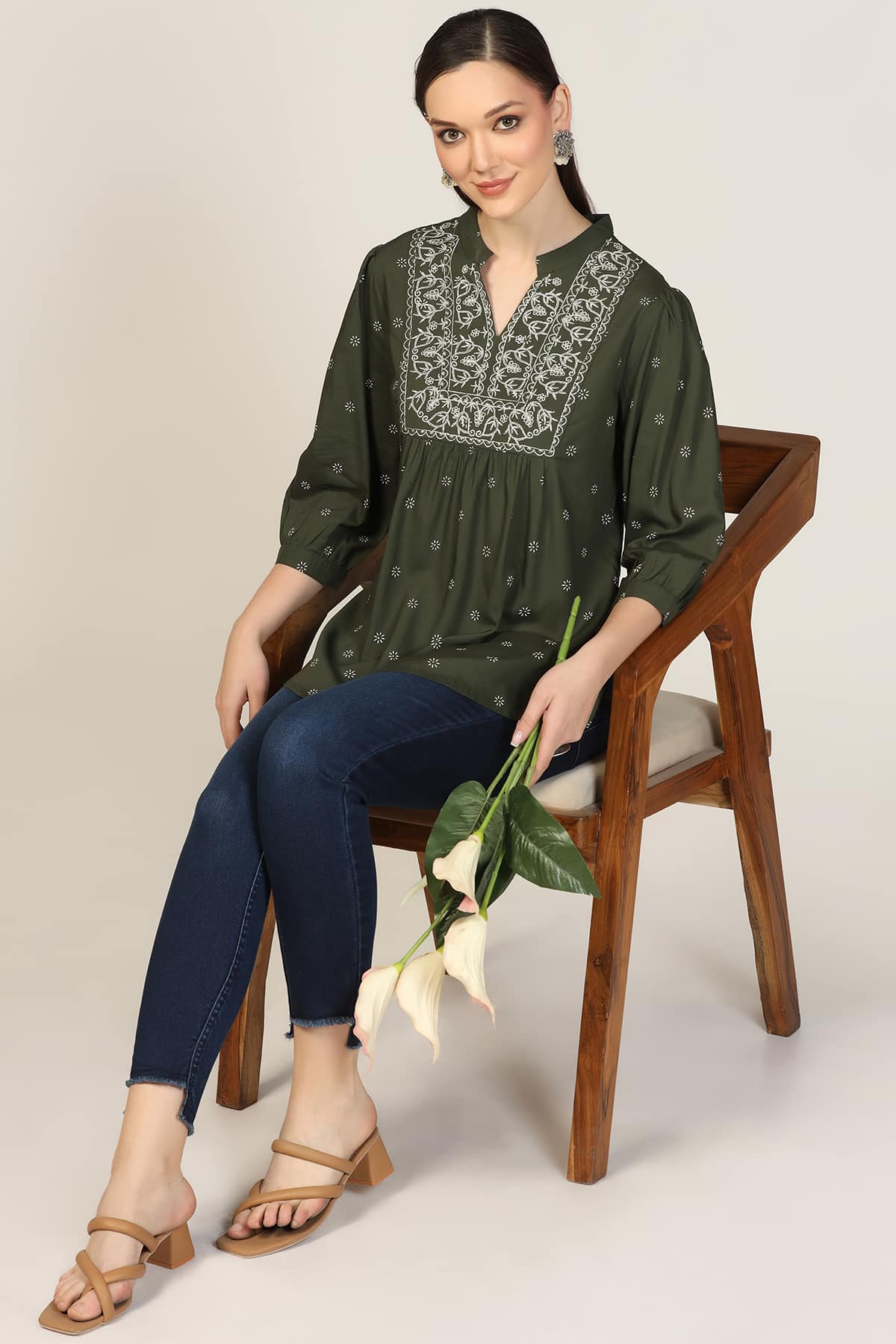 Embroidered Olive Green Top For Women