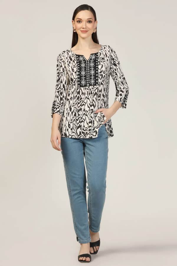 Embroidered Black And White Top Ladies