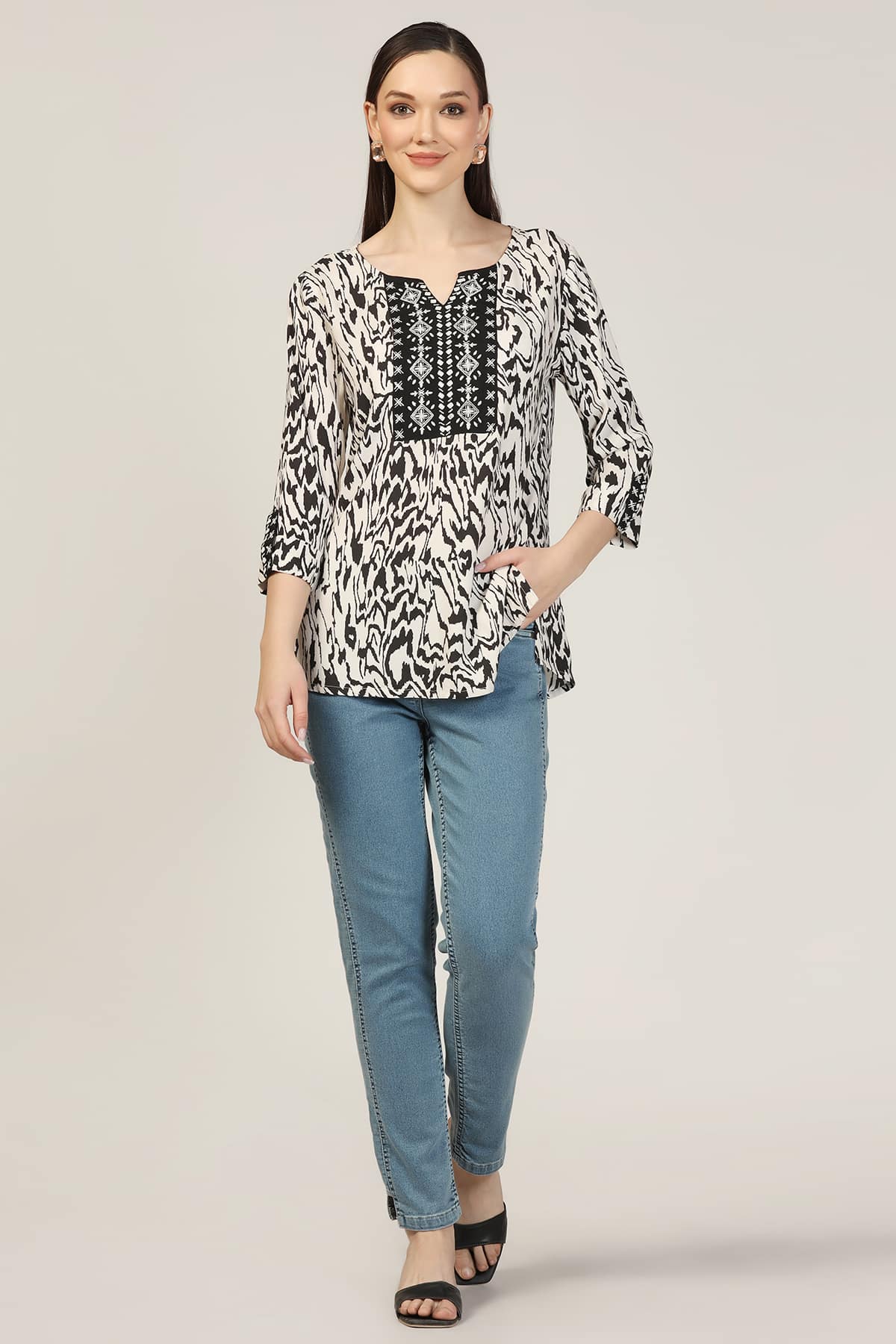 Embroidered Black And White Top Ladies