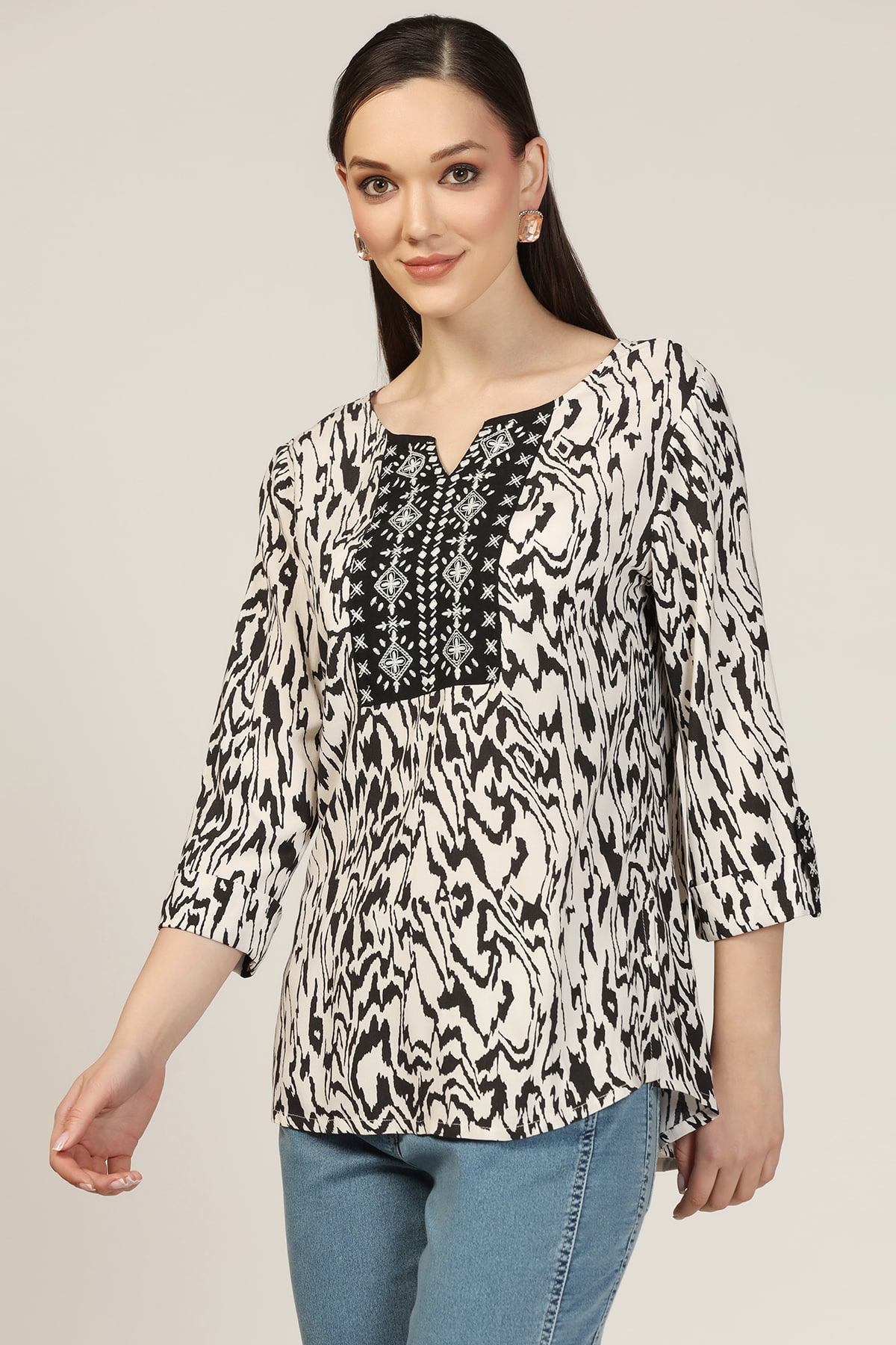 Embroidered Black And White Top Ladies