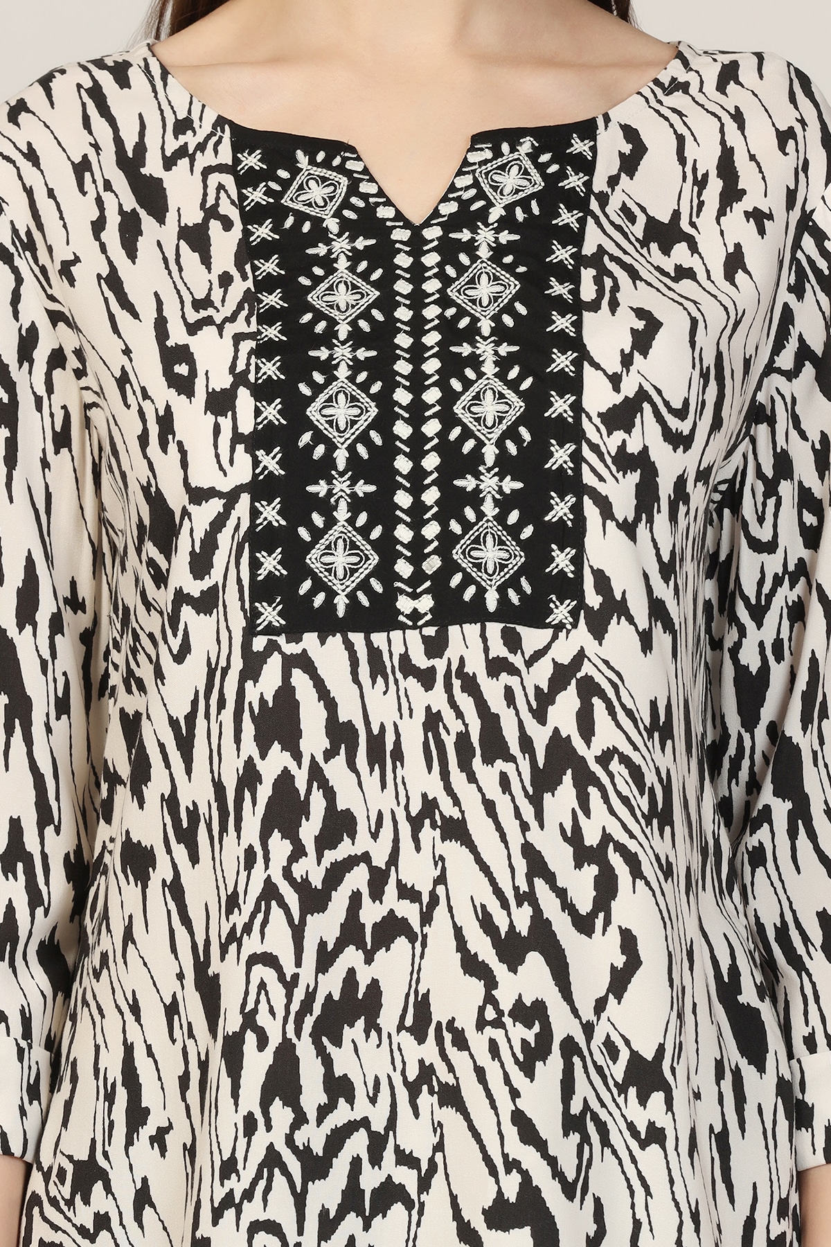 Embroidered Black And White Top Ladies