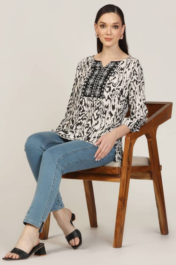 Embroidered Black And White Top Ladies