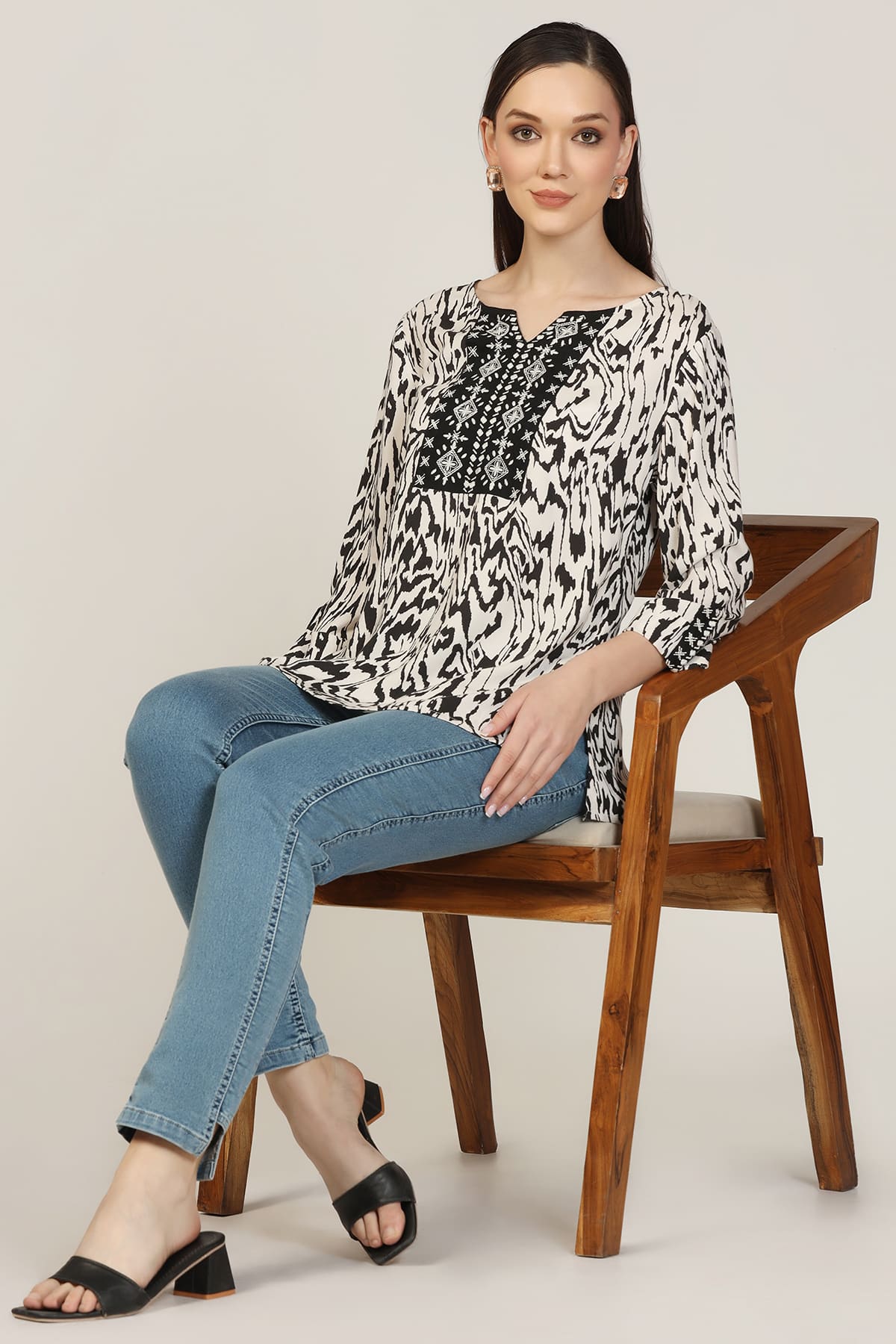 Embroidered Black And White Top Ladies
