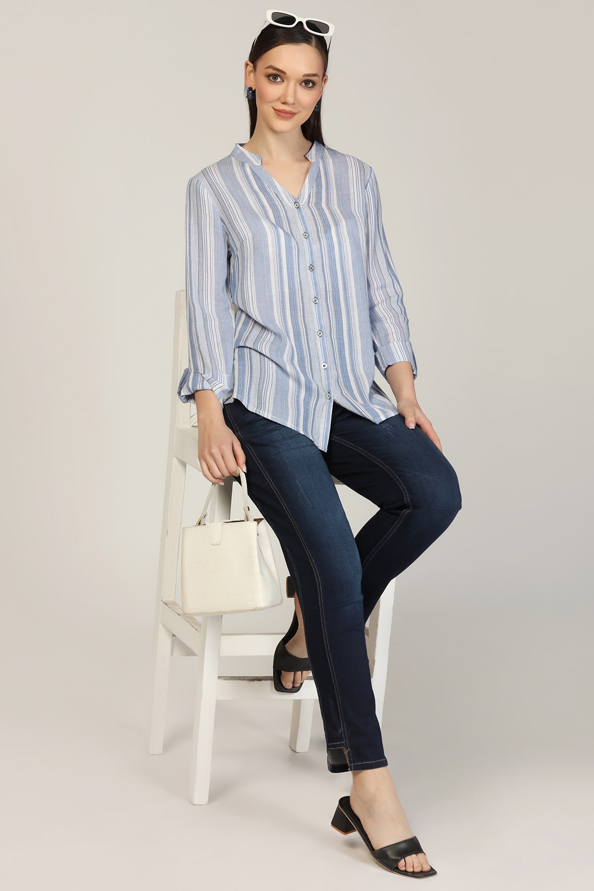 Striped Light Blue Shirt For Ladies