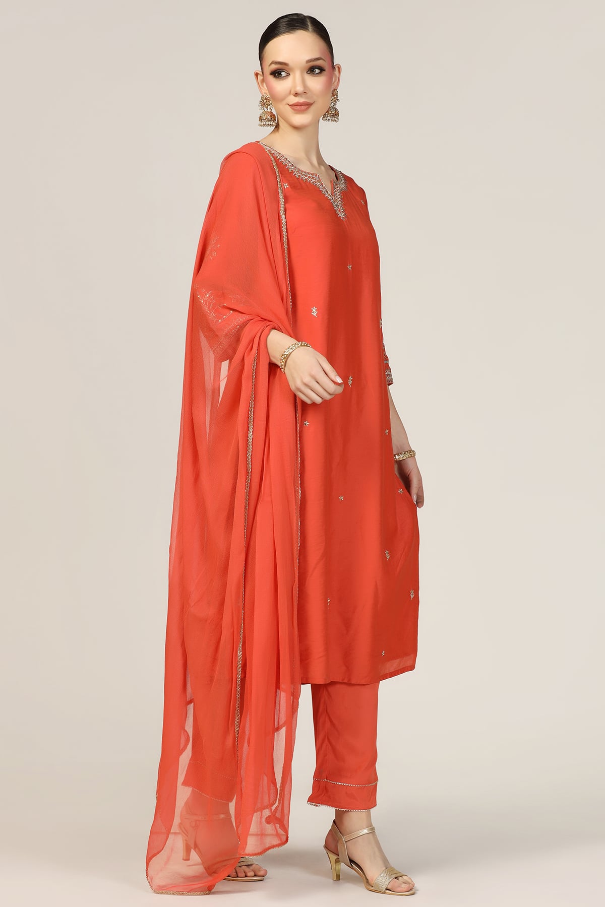 Orange Viscose Chiffon Solid Dupatta - Image 2