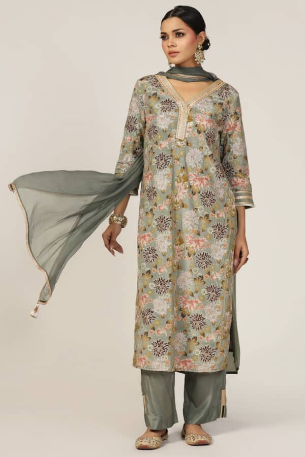 Embellished Sage Green Festive Kurta For Woman