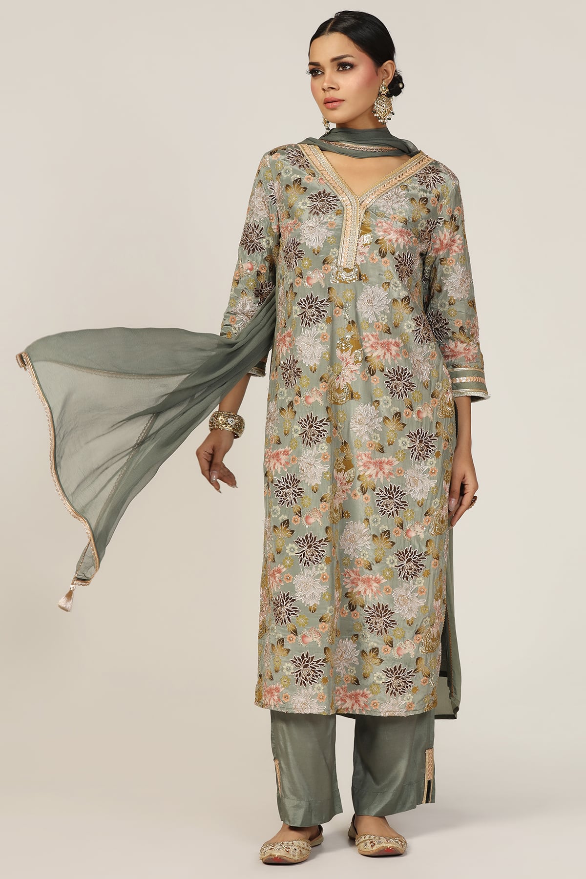 Embellished Sage Green Festive Kurta For Woman