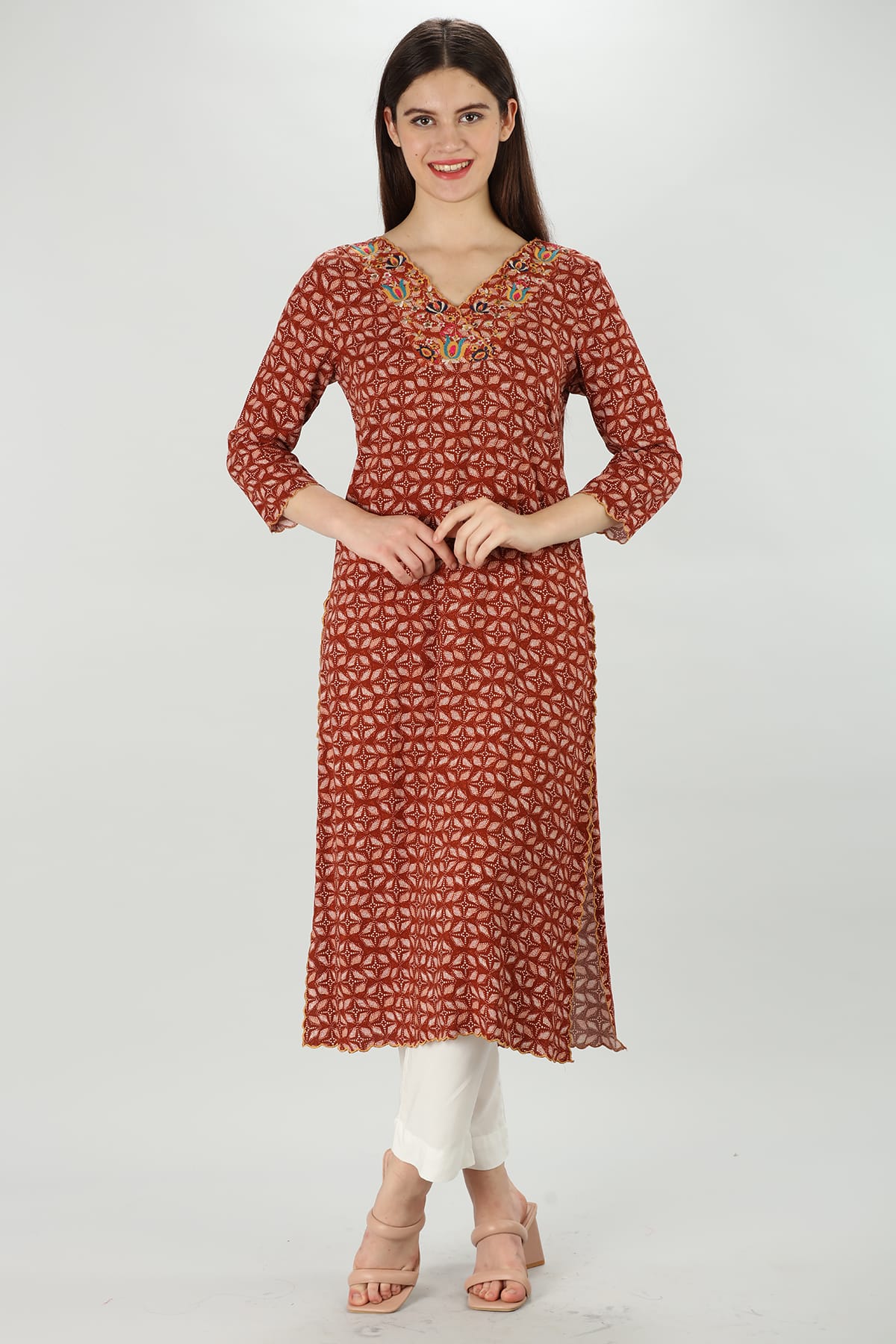 Embroidered Dark Red Kurta For Woman