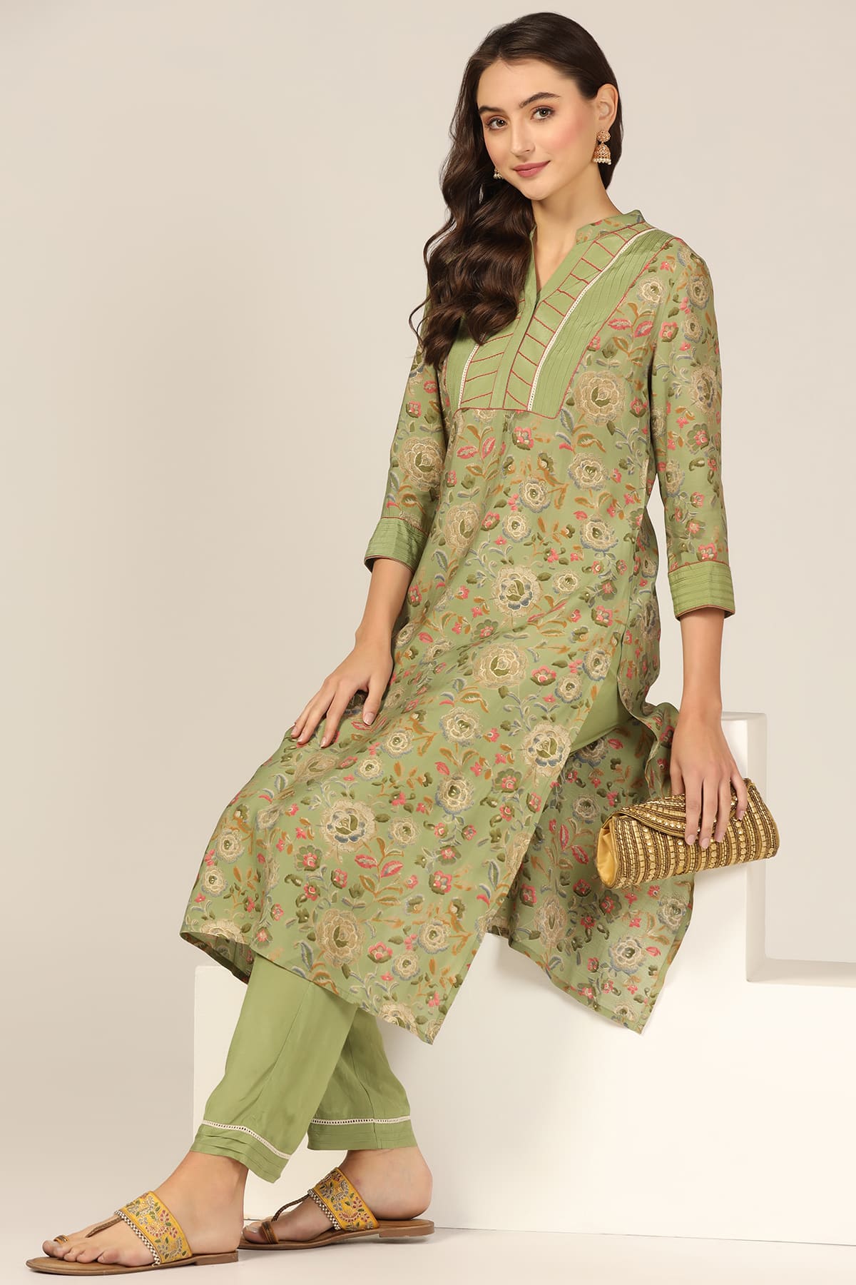 Green Pintuck Poly Modal Kurti