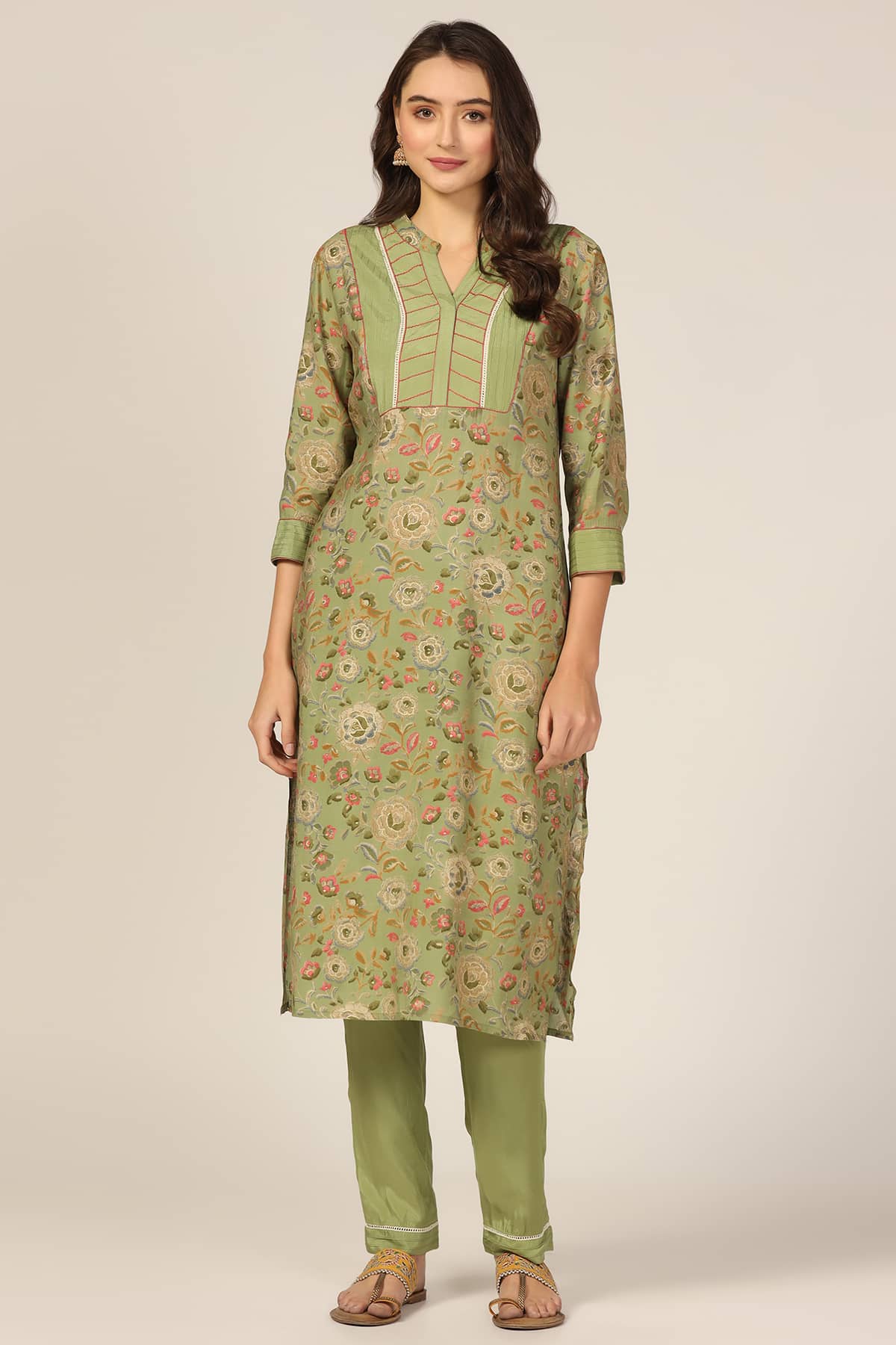 Green Pintuck Poly Modal Kurti