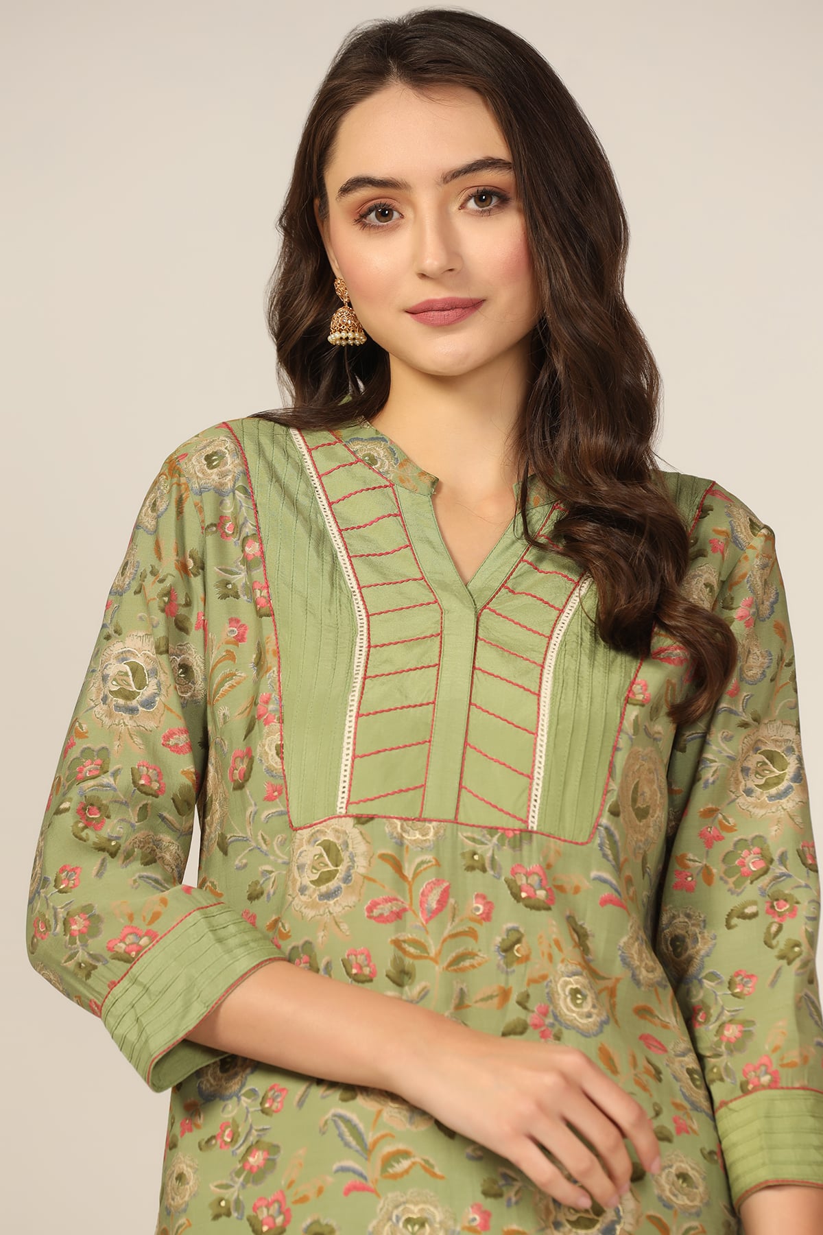 Green Pintuck Poly Modal Kurti