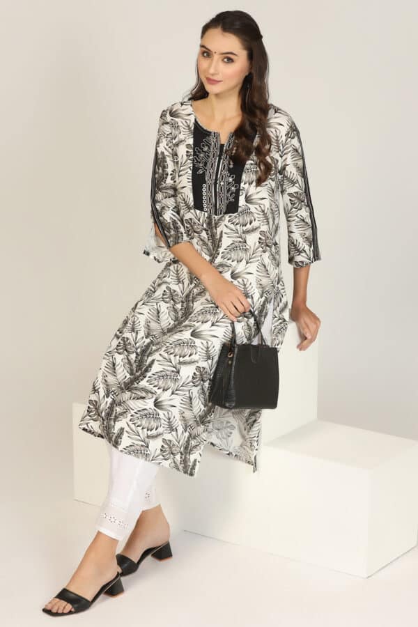 Embroidered Black And White Kurta For Woman
