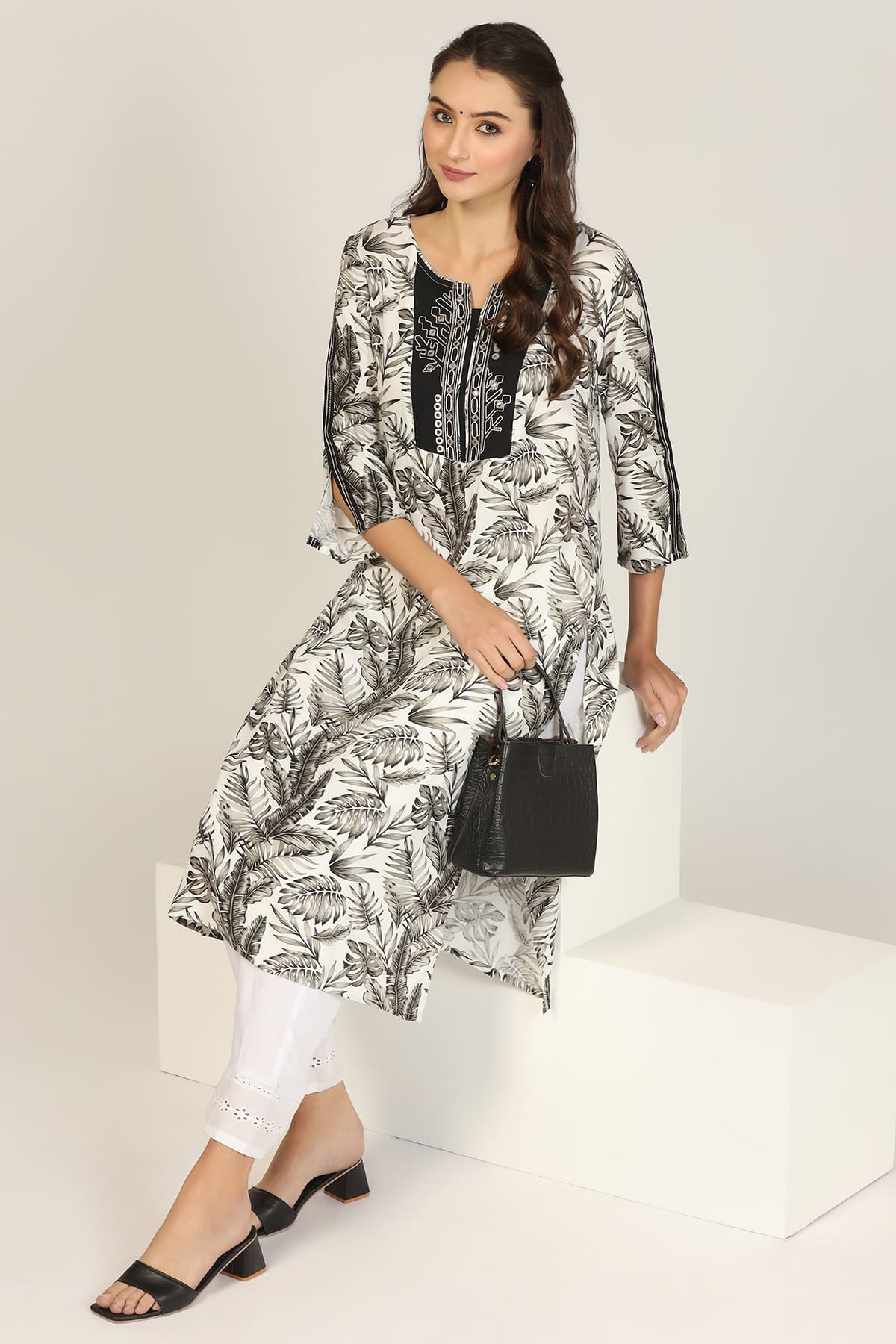 Embroidered Black And White Kurta For Woman