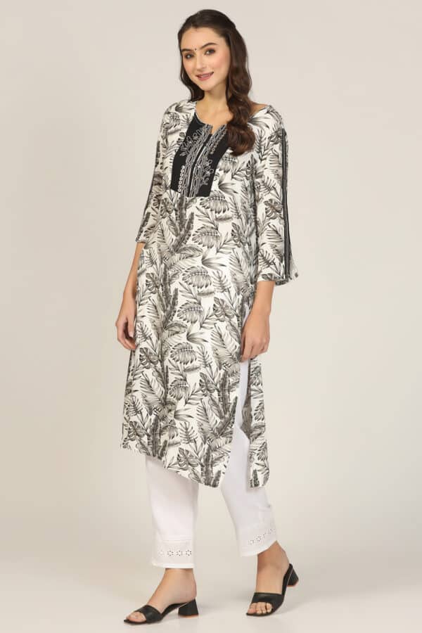 Embroidered Black And White Kurta For Woman