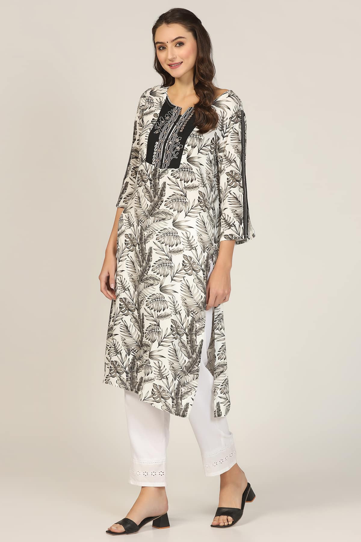 Embroidered Black And White Kurta For Woman