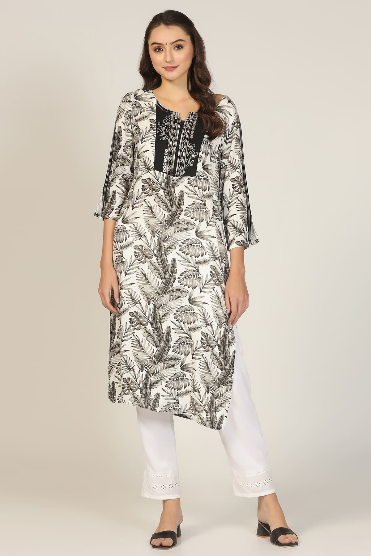 Embroidered Black And White Kurta For Woman