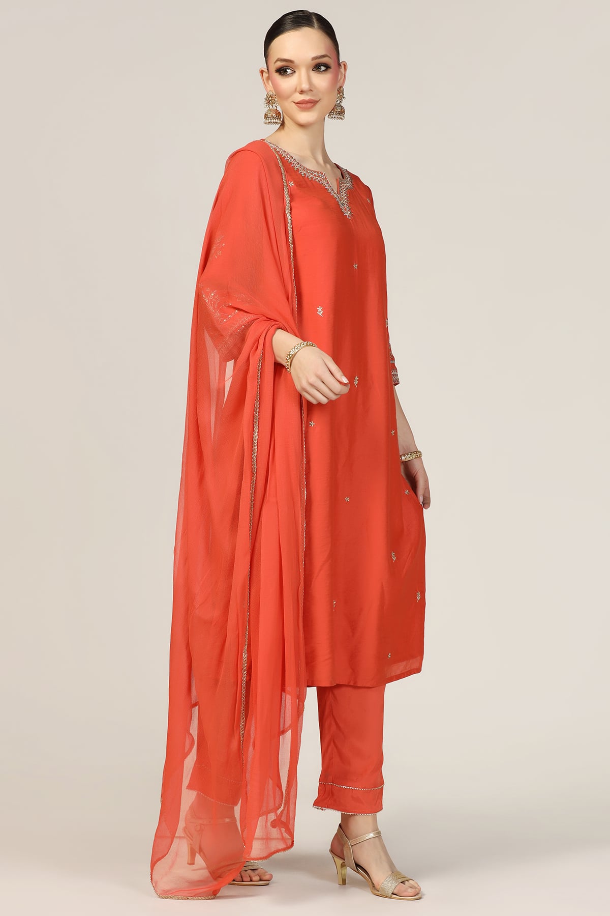 Embroidered Orange Kurta For Women