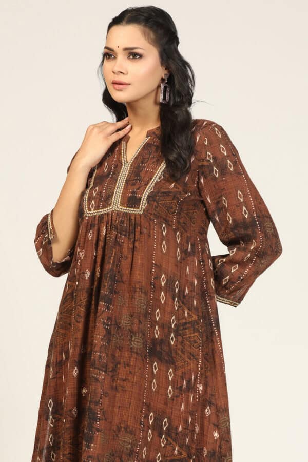 Brown Embroidered Kurta For Ladies