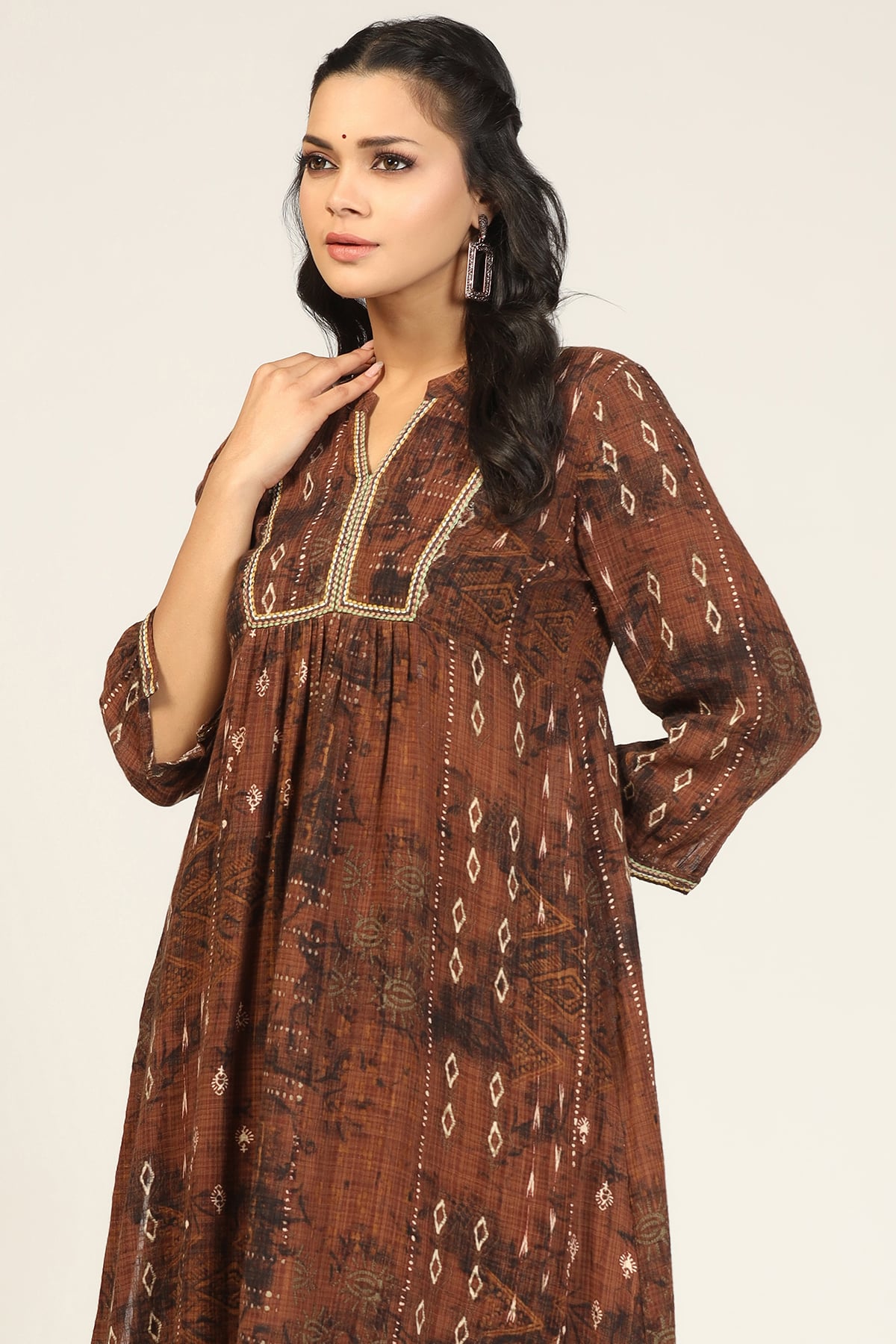 Brown Embroidered Kurta For Ladies
