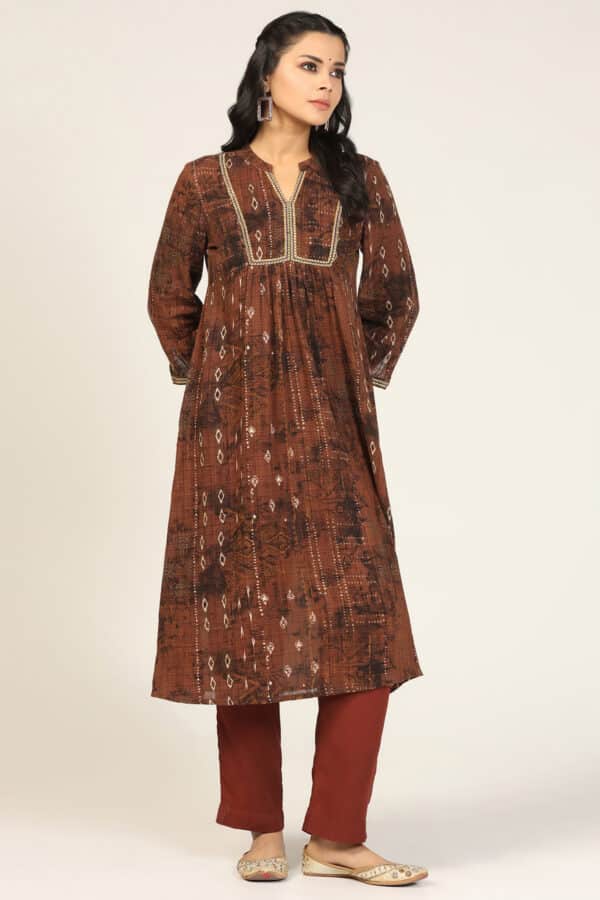 Brown Embroidered Kurta For Ladies
