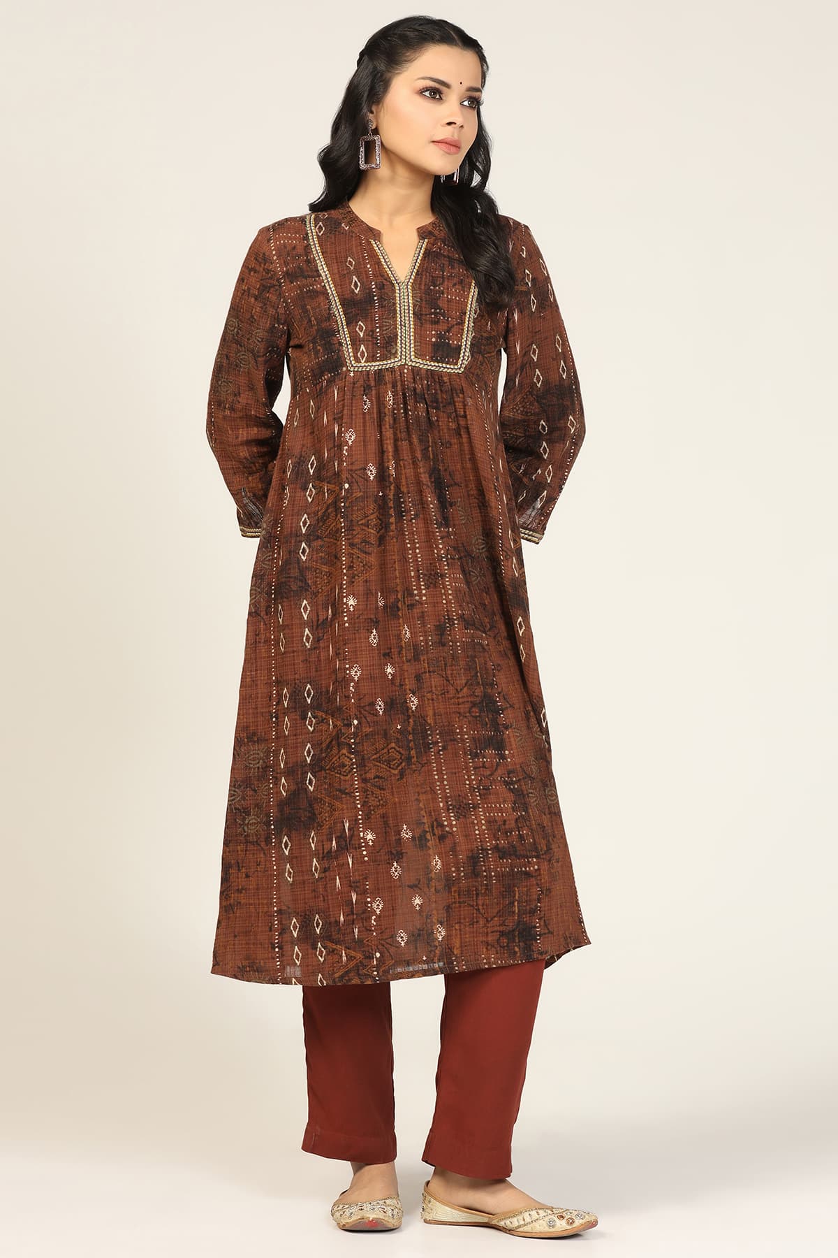 Brown Embroidered Kurta For Ladies