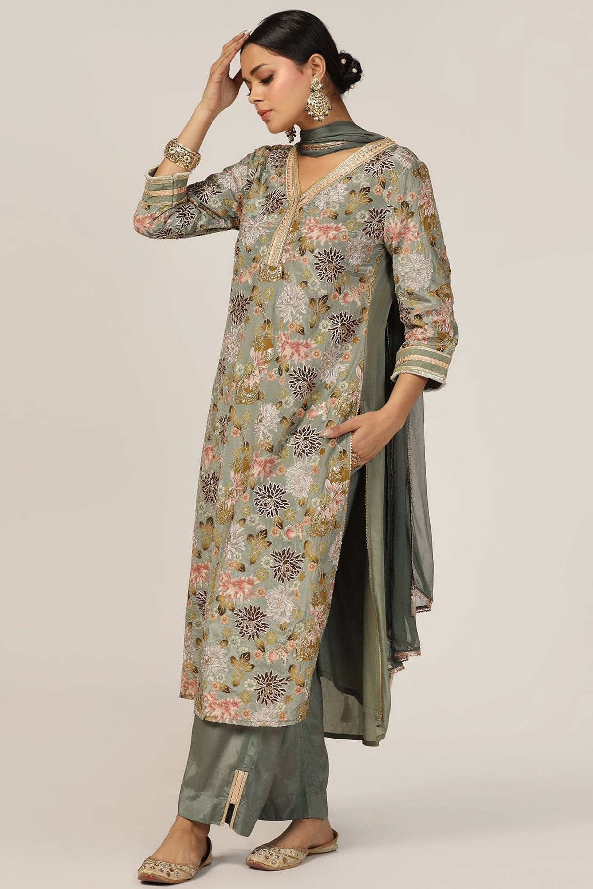 Embellished Sage Green Festive Kurta For Woman