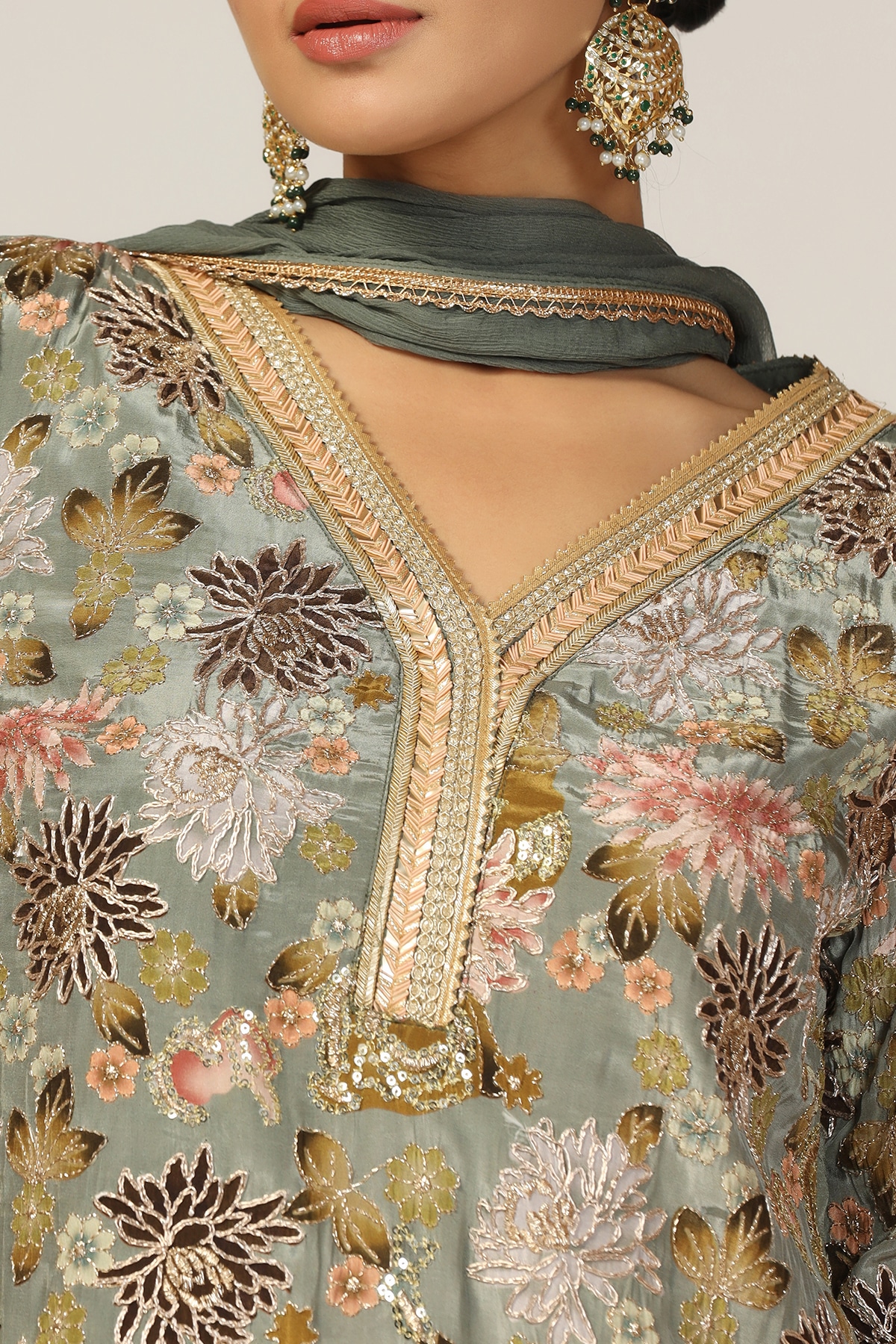 Embellished Sage Green Festive Kurta For Woman