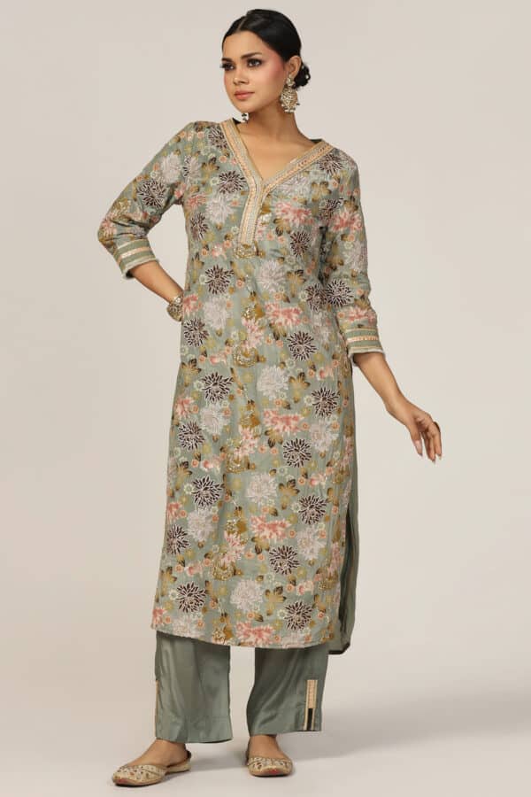 Embellished Sage Green Festive Kurta For Woman