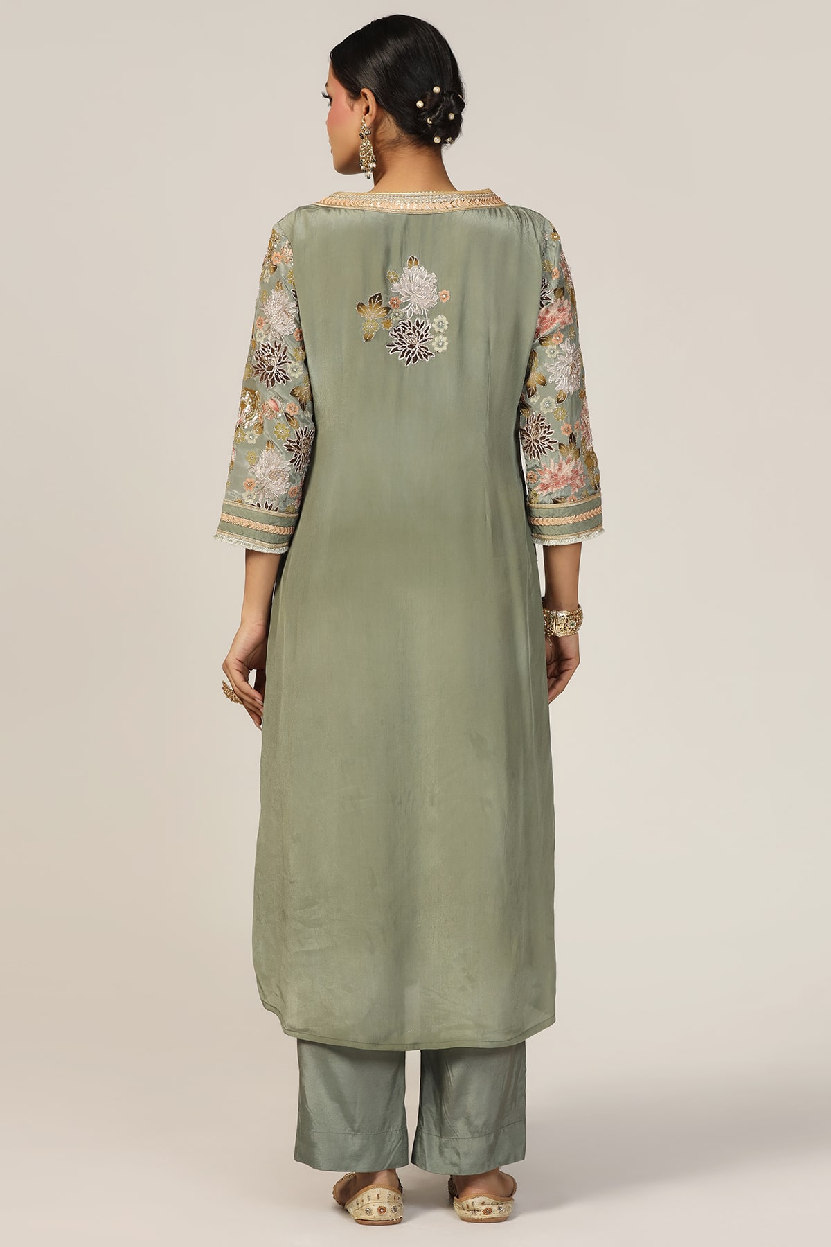 Embellished Sage Green Festive Kurta For Woman