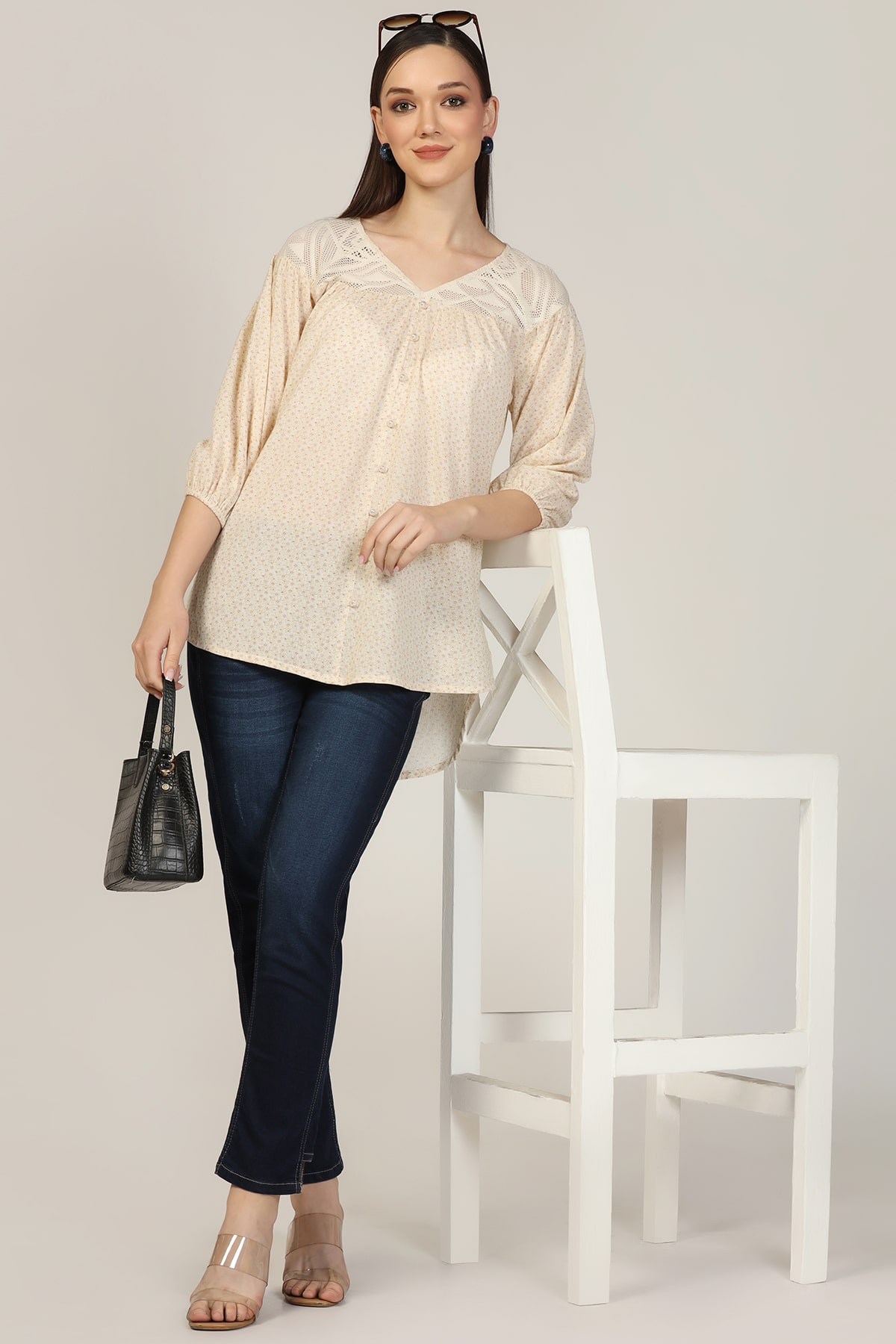 Printed Off White Top For Women