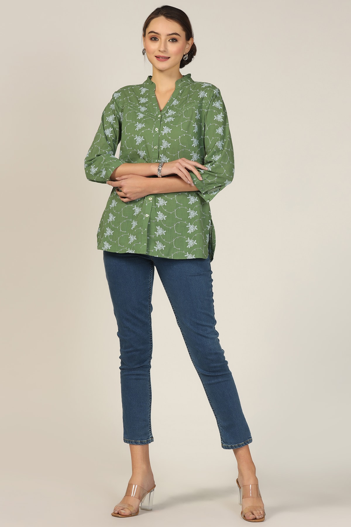 Sea Green Cotton Schiffli Printed Shirt - Image 2