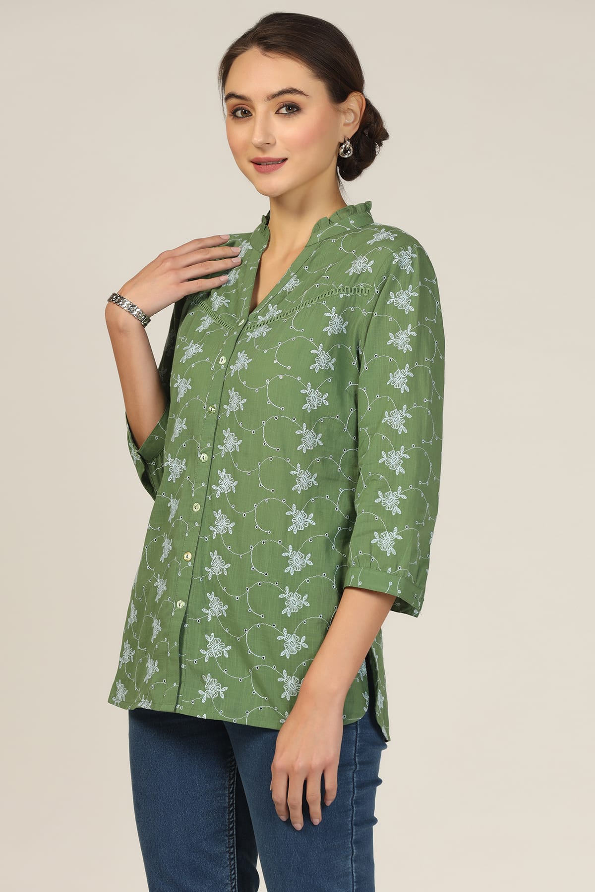 Sea Green Cotton Schiffli Printed Shirt - Image 7